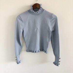 NWOT ZARA Baby Blue Ruffle Trim Knit Long Sleeve Top with Brooch Jem Cuff, Small